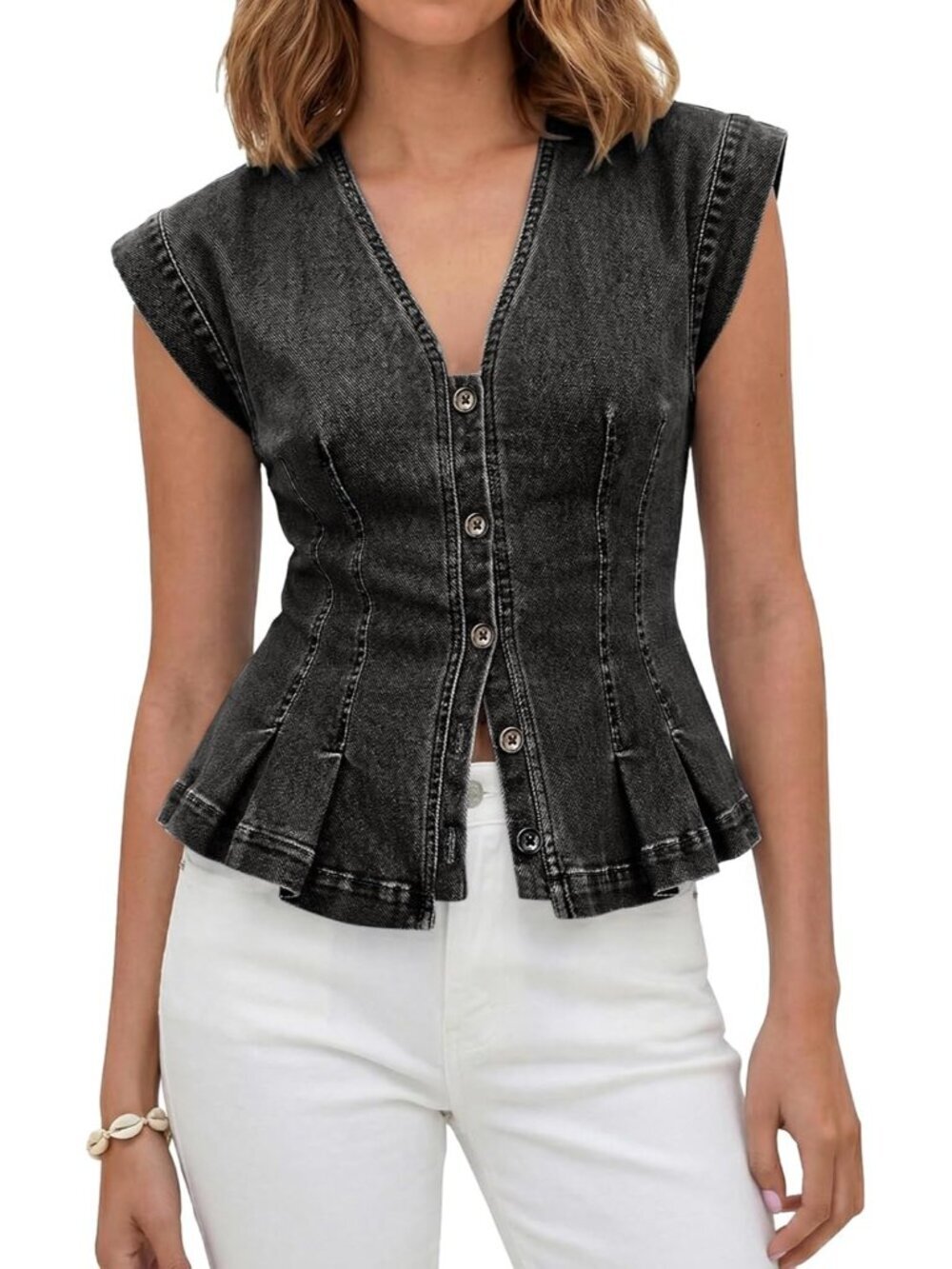 Women's Dark Grey V Neck Denim Sleeveless Casual Button Down Imported Vests Tops